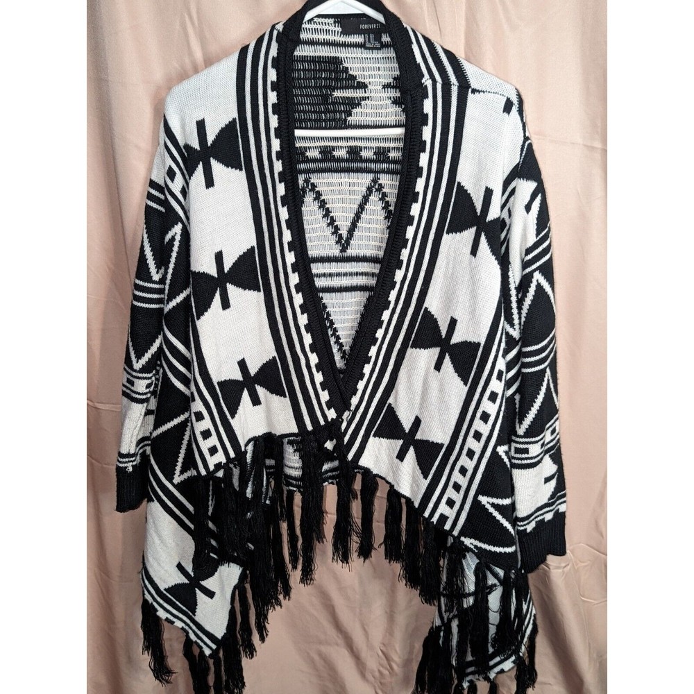 Forever 21 Open Cardigan Elegant Knit Shawl Black White fringes Size M/L